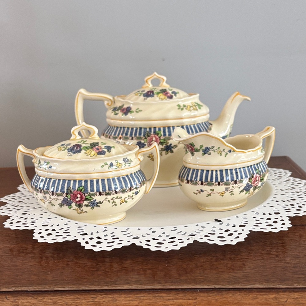 Royal Doulton Cream and Blue Floral Tea set, teapot, creamer, covered sugar bowl